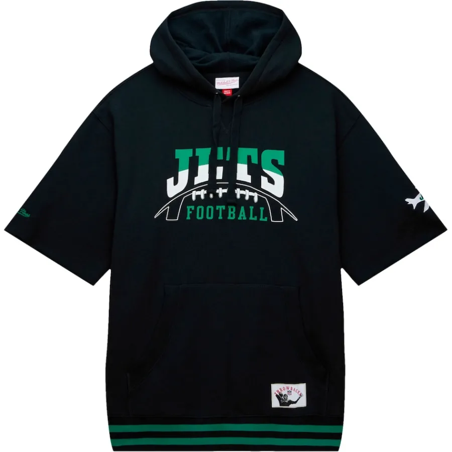 New York Jets Sweatshirts & Fleece | Men^Men's Mitchell & Ness Black Pre-Game Short Sleeve Pullover Hoodie