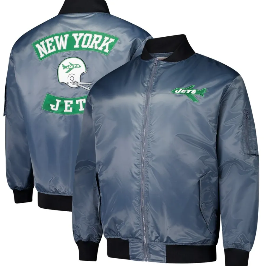 New York Jets Jackets | Big & Tall^Men's Mitchell & Ness Charcoal Big & Tall Bomber Full-Zip Jacket