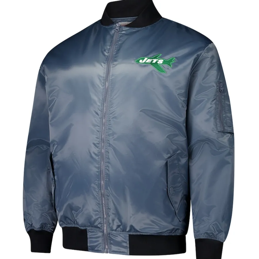 New York Jets Jackets | Big & Tall^Men's Mitchell & Ness Charcoal Big & Tall Bomber Full-Zip Jacket