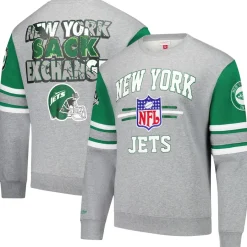 New York Jets Sweatshirts & Fleece | Men^Men's Mitchell & Ness Heather Gray All Over 4.0 Vintage Logo Pullover Sweatshirt