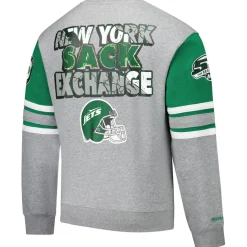 New York Jets Sweatshirts & Fleece | Men^Men's Mitchell & Ness Heather Gray All Over 4.0 Vintage Logo Pullover Sweatshirt