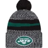 New York Jets Knit^Men's New Era Black 2023 Sideline Cuffed Knit Hat With Pom