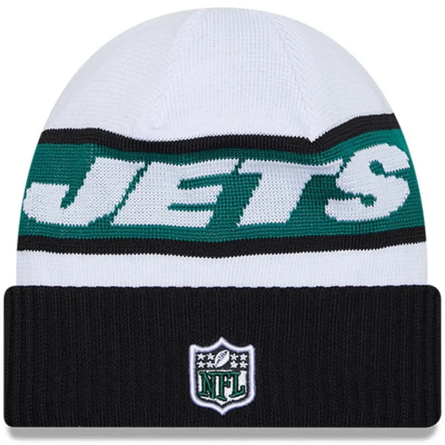 New York Jets Knit^Men's New Era White/Black 2023 Sideline Tech Cuffed Knit Hat