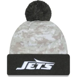 New York Jets Hats | Men^Men's New Era White/Graphite 2024 Salute To Service Digital Camo Cuffed Knit Hat With Pom