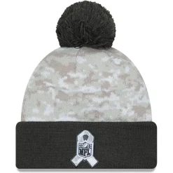 New York Jets Hats | Men^Men's New Era White/Graphite 2024 Salute To Service Digital Camo Cuffed Knit Hat With Pom