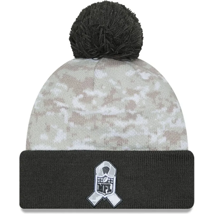 New York Jets Hats | Men^Men's New Era White/Graphite 2024 Salute To Service Digital Camo Cuffed Knit Hat With Pom