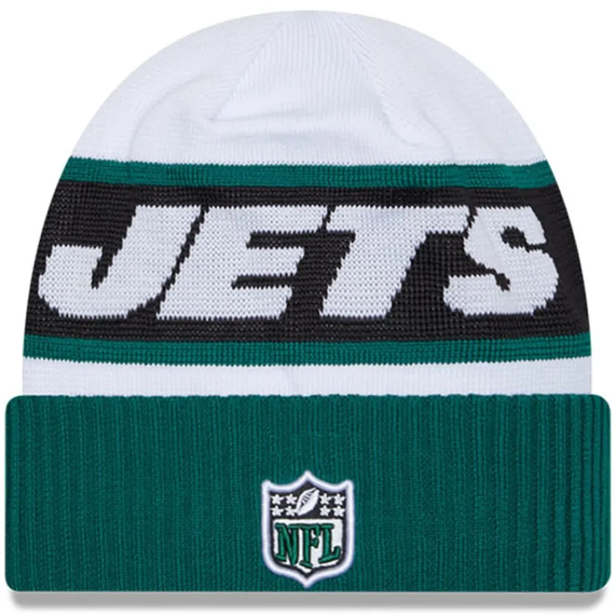 New York Jets Knit^Men's New Era White/Green 2023 Sideline Tech Cuffed Knit Hat