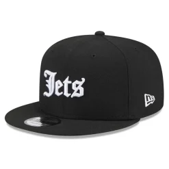 New York Jets Hats | Men^Men's New Era Black Gothic Script 9FIFTY Snapback Hat