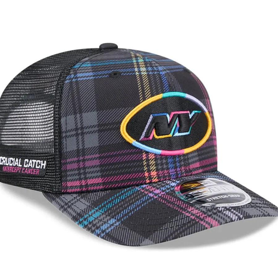 New York Jets Adjustable | Snapback^Men's New Era Black 2024 NFL Crucial Catch Plaid 9SEVENTY Trucker Snapback Hat