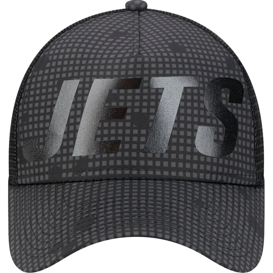 New York Jets Adjustable^Men's New Era Black Throwback Midnight Ink Tonal Text A-Frame Trucker 9FORTY Adjustable Hat
