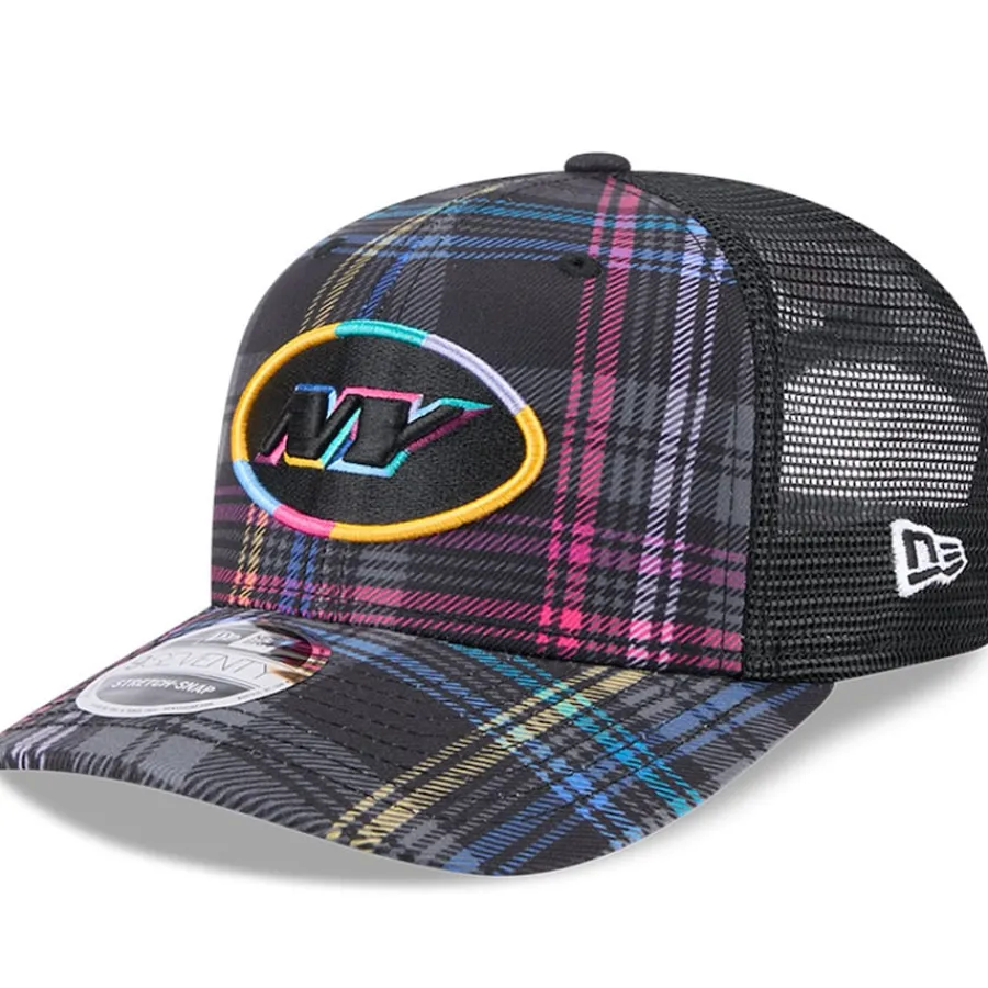 New York Jets Adjustable | Snapback^Men's New Era Black 2024 NFL Crucial Catch Plaid 9SEVENTY Trucker Snapback Hat