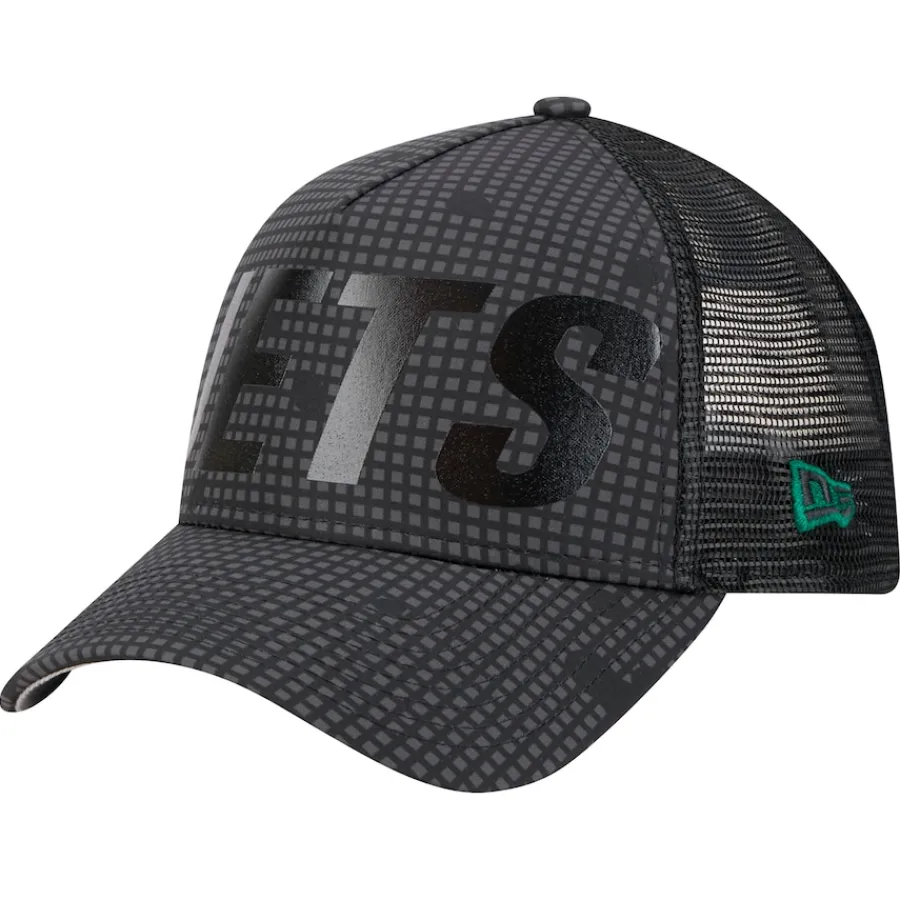 New York Jets Adjustable^Men's New Era Black Throwback Midnight Ink Tonal Text A-Frame Trucker 9FORTY Adjustable Hat