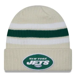New York Jets Knit^Men's New Era Cream Team Stripe Cuffed Knit Hat