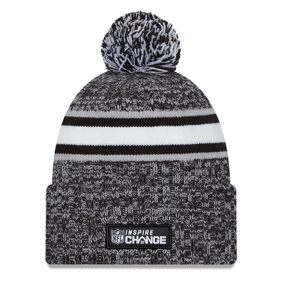 New York Jets Knit^Men's New Era Heather Black 2023 Inspire Change Cuffed Knit Hat With Pom