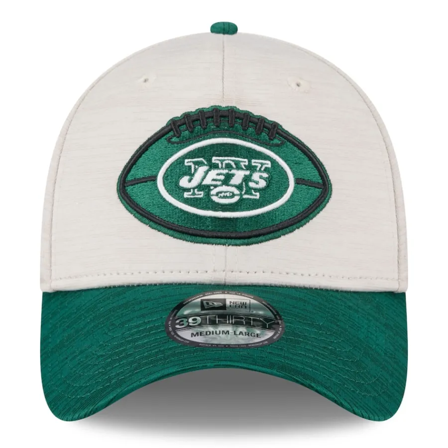 New York Jets Flex^Men's New Era Stone/Green 2024 Sideline Historic 39THIRTY Flex Hat