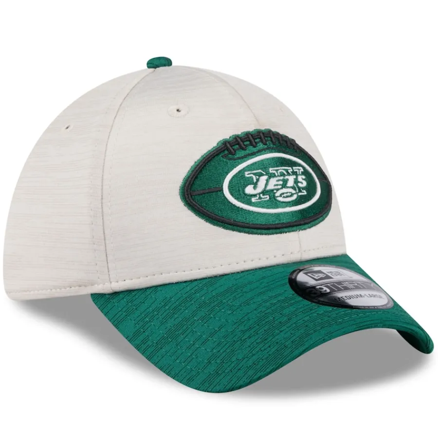 New York Jets Flex^Men's New Era Stone/Green 2024 Sideline Historic 39THIRTY Flex Hat