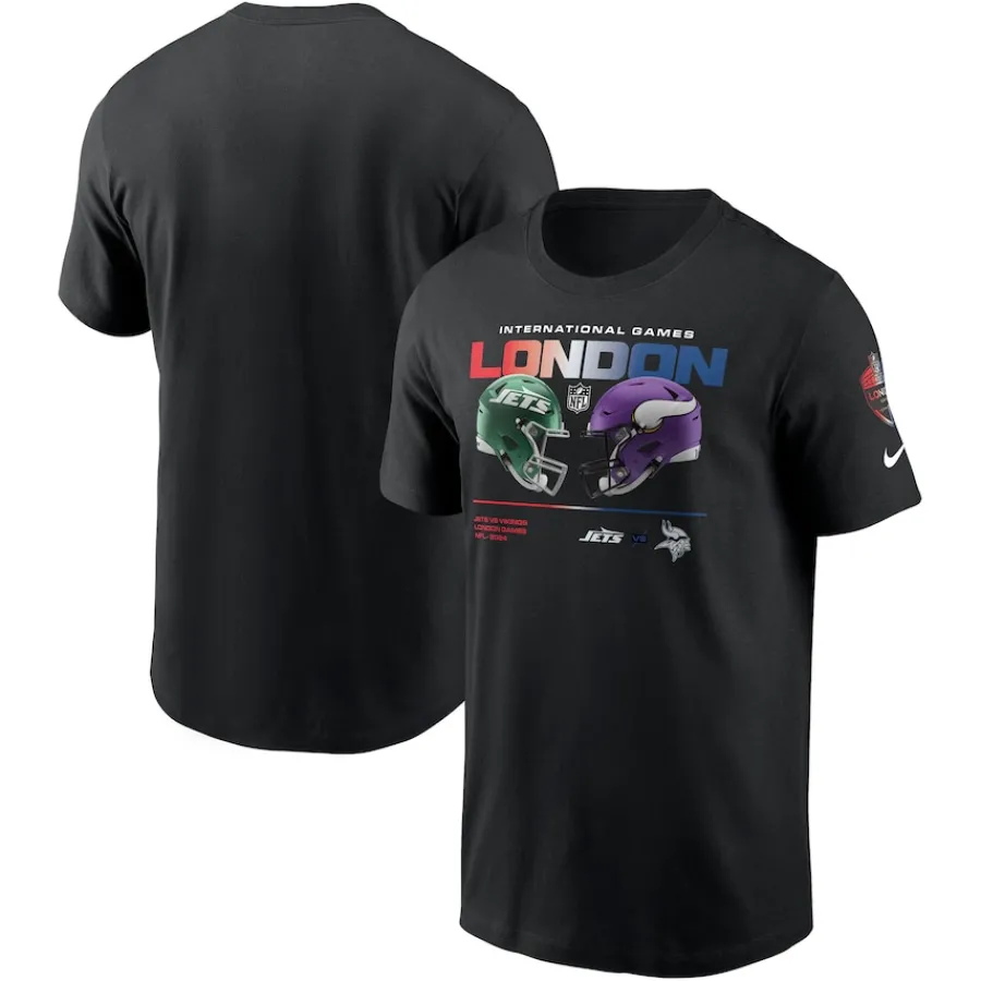 New York Jets T-Shirts | Men^Men's Nike Black Vs. Minnesota Vikings International Games London 2024 T-Shirt