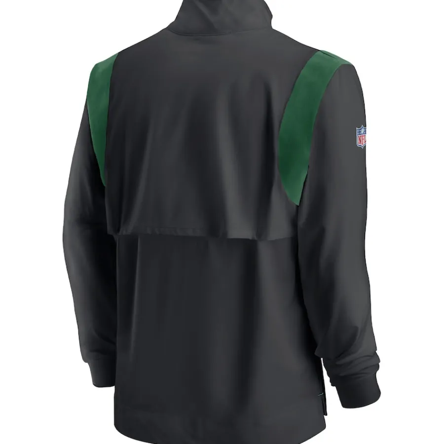 New York Jets Long Sleeved^Men's Nike Black Sideline Coach Chevron Lockup Quarter-Zip Long Sleeve Top