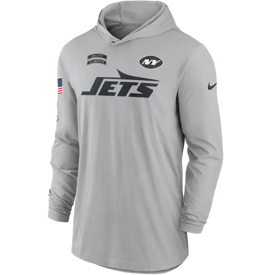 New York Jets T-Shirts | Men^Men's Nike Gray 2024 Salute To Service Lightweight Performance Long Sleeve Hooded T-Shirt