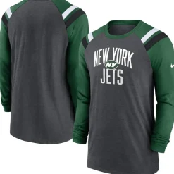 New York Jets Long Sleeved^Men's Nike Heathered Charcoal/Green Tri-Blend Raglan Athletic Long Sleeve Fashion T-Shirt