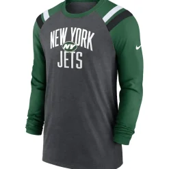 New York Jets Long Sleeved^Men's Nike Heathered Charcoal/Green Tri-Blend Raglan Athletic Long Sleeve Fashion T-Shirt