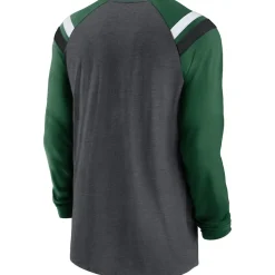 New York Jets Long Sleeved^Men's Nike Heathered Charcoal/Green Tri-Blend Raglan Athletic Long Sleeve Fashion T-Shirt