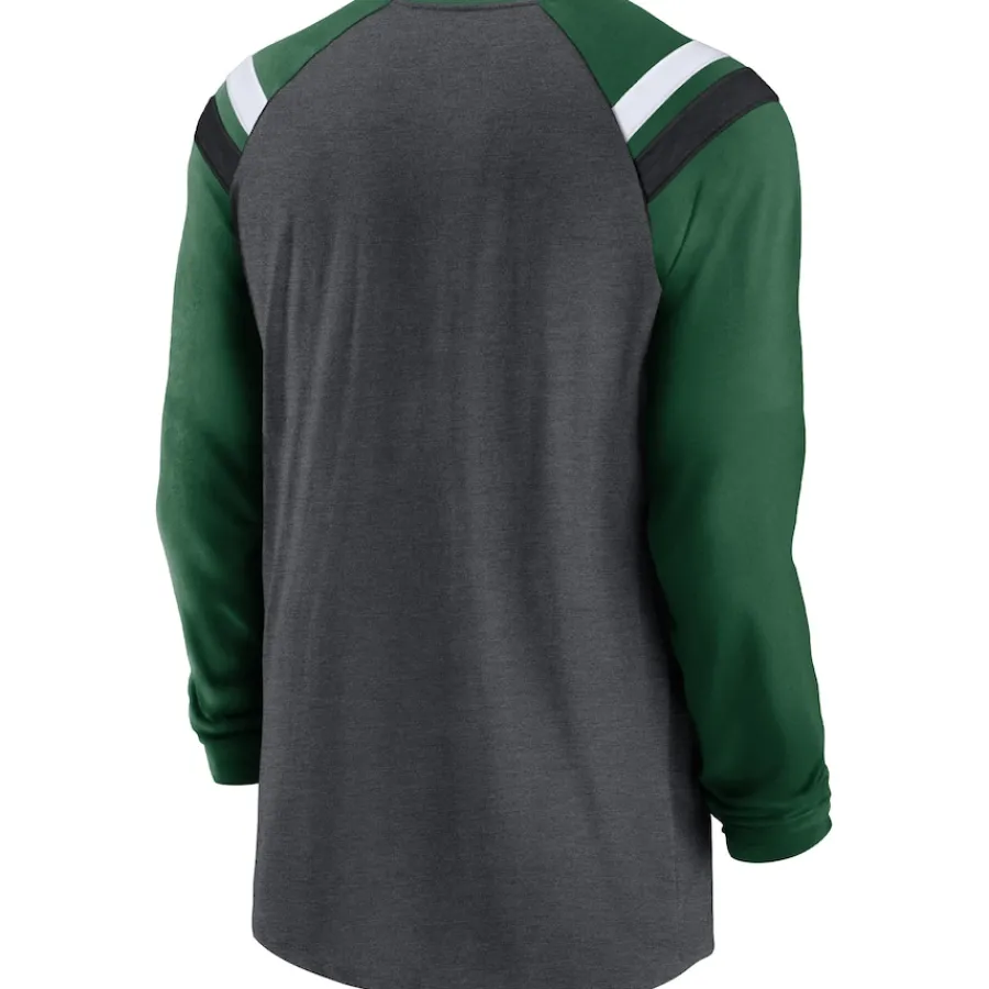New York Jets Long Sleeved^Men's Nike Heathered Charcoal/Green Tri-Blend Raglan Athletic Long Sleeve Fashion T-Shirt