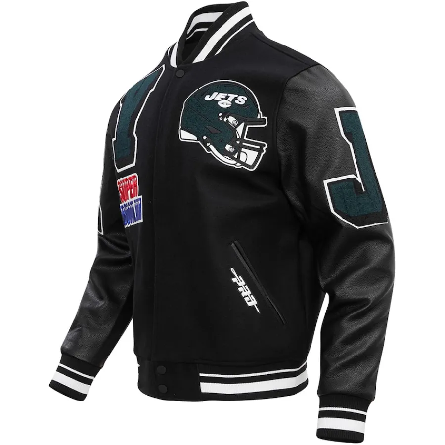 New York Jets Jackets^Men's Pro Standard Black Mash Up Full-Zip Varsity Jacket