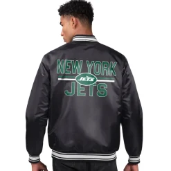 New York Jets Jackets^Men's Starter Black Team Logo Satin Varsity Full-Snap Jacket