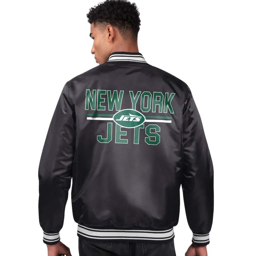 New York Jets Jackets^Men's Starter Black Team Logo Satin Varsity Full-Snap Jacket
