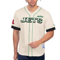New York Jets Sweaters & Dress Shirts^Men's Starter Cream Relay Vintage Full-Button Baseball Top