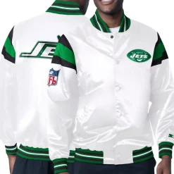 New York Jets Jackets^Men's Starter White/Green Vintage Satin Full-Snap Varsity Jacket
