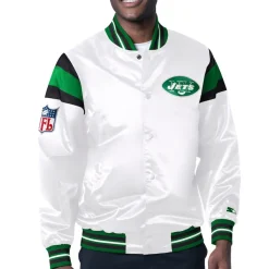 New York Jets Jackets^Men's Starter White/Green Vintage Satin Full-Snap Varsity Jacket
