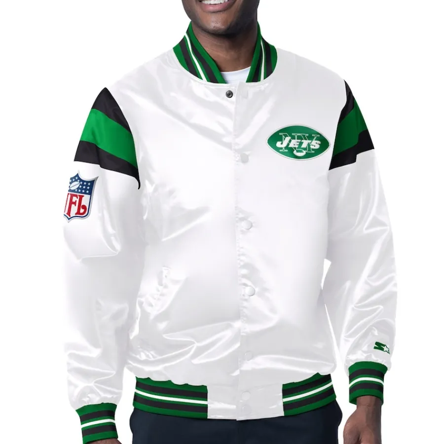 New York Jets Jackets^Men's Starter White/Green Vintage Satin Full-Snap Varsity Jacket