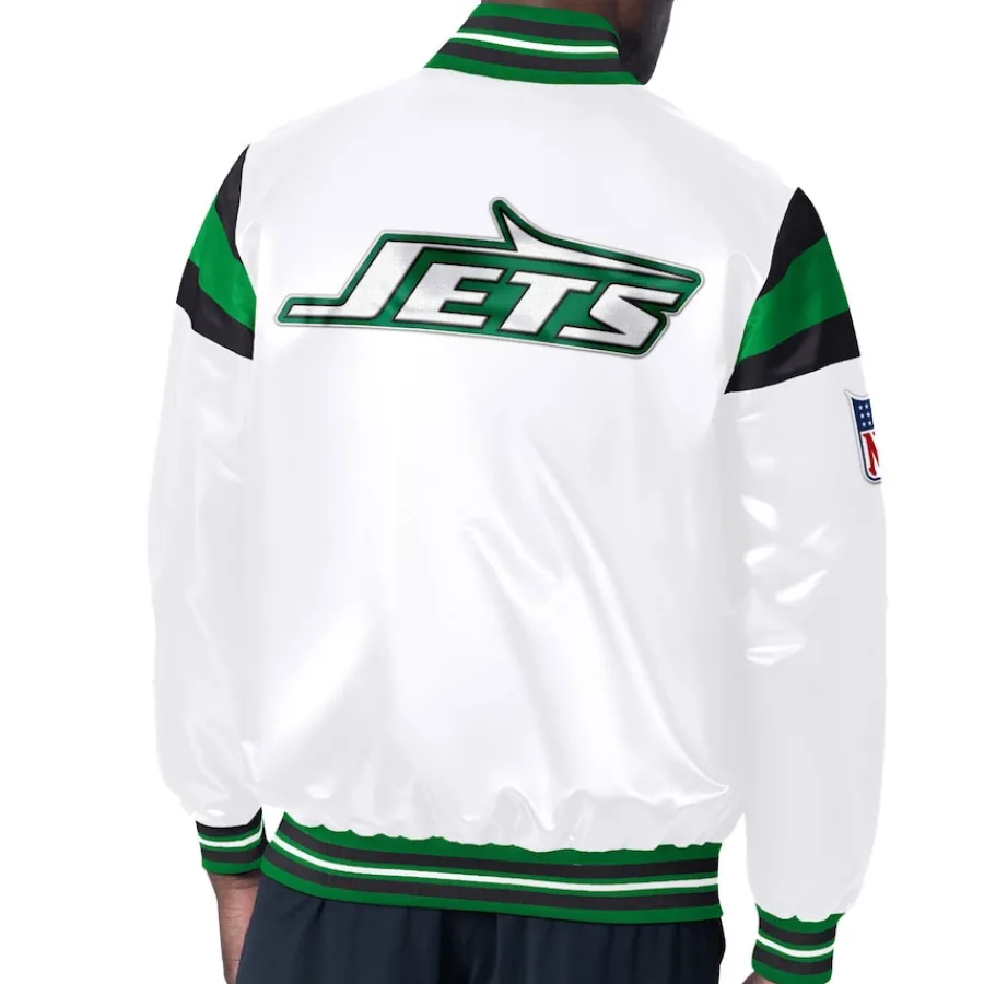 New York Jets Jackets^Men's Starter White/Green Vintage Satin Full-Snap Varsity Jacket