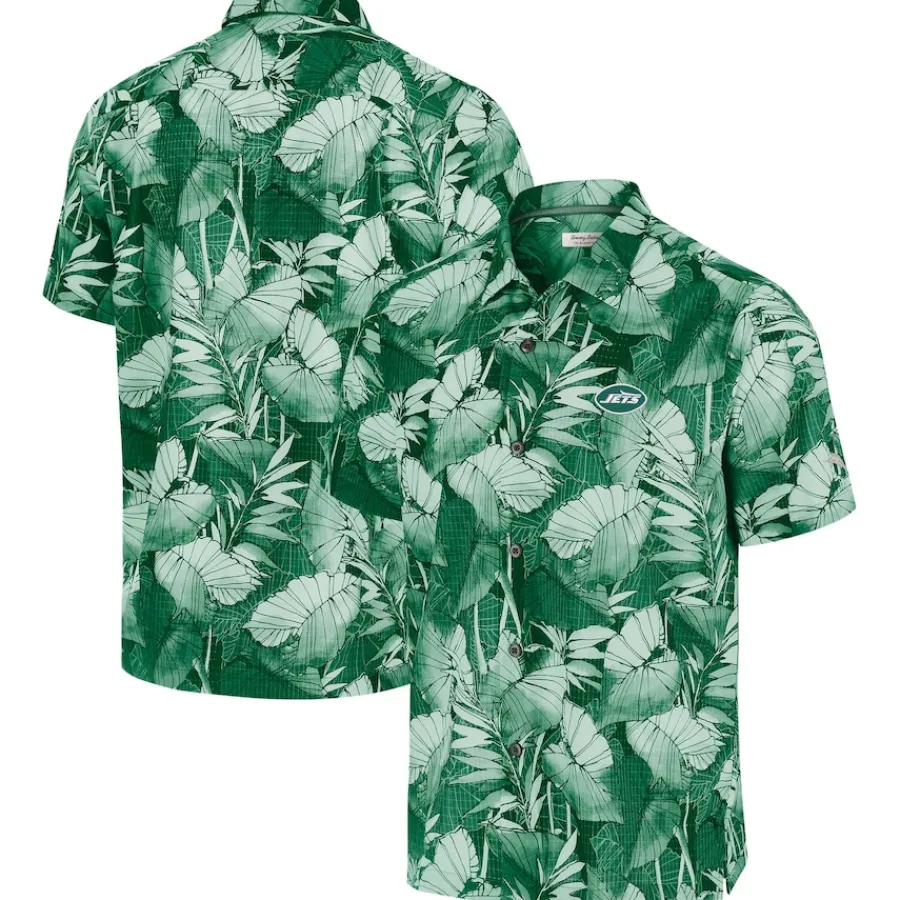 New York Jets Sweaters & Dress Shirts^Men's Tommy Bahama Green Bahama Coast Nuevo Fronds Camp Button-Up Shirt
