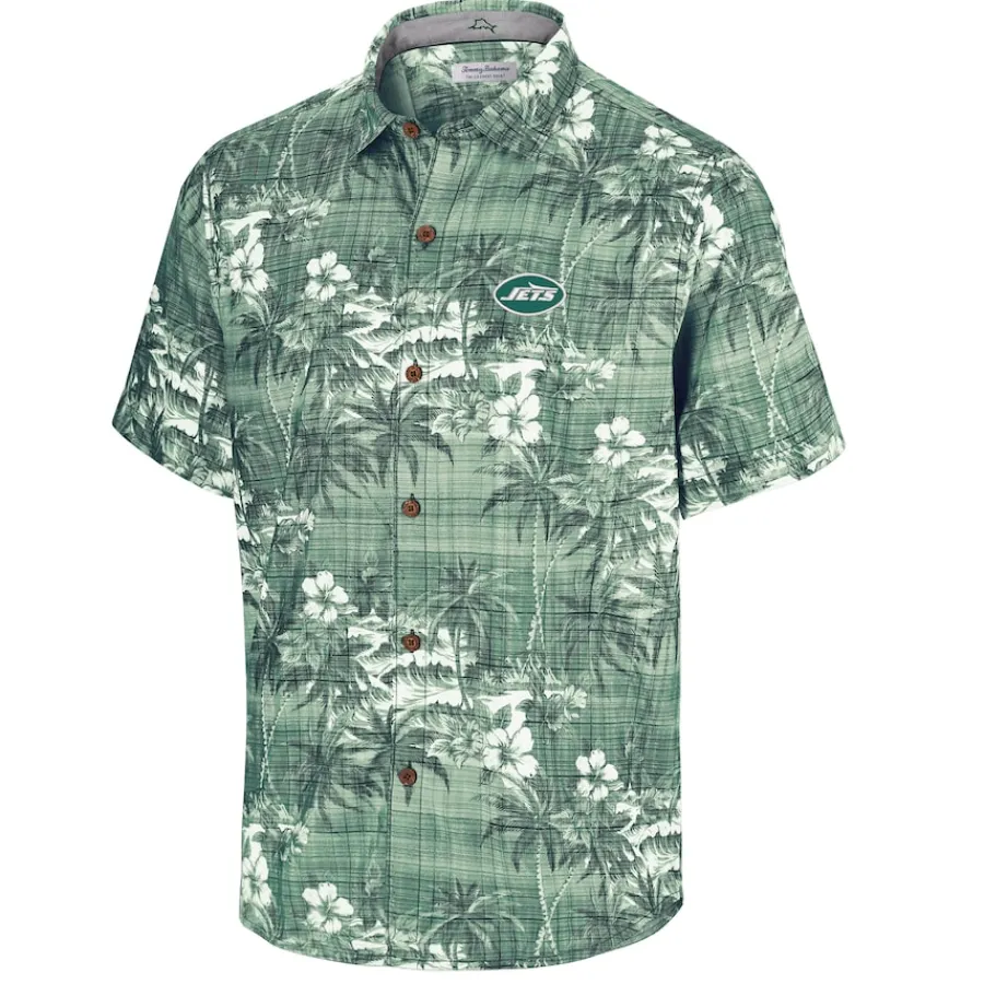 New York Jets Sweaters & Dress Shirts^Men's Tommy Bahama Green Coconut Point Isla Palmetta Camp Button-Up Shirt