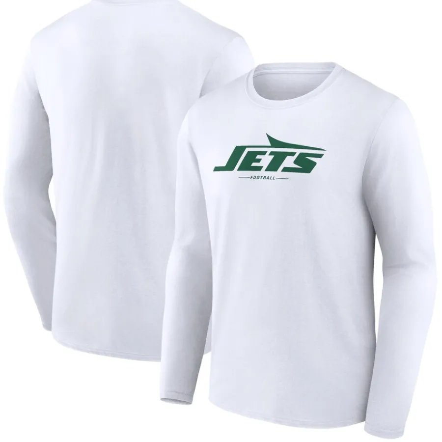 New York Jets Long Sleeved^Men's White Logo Team Lockup Long Sleeve T-Shirt