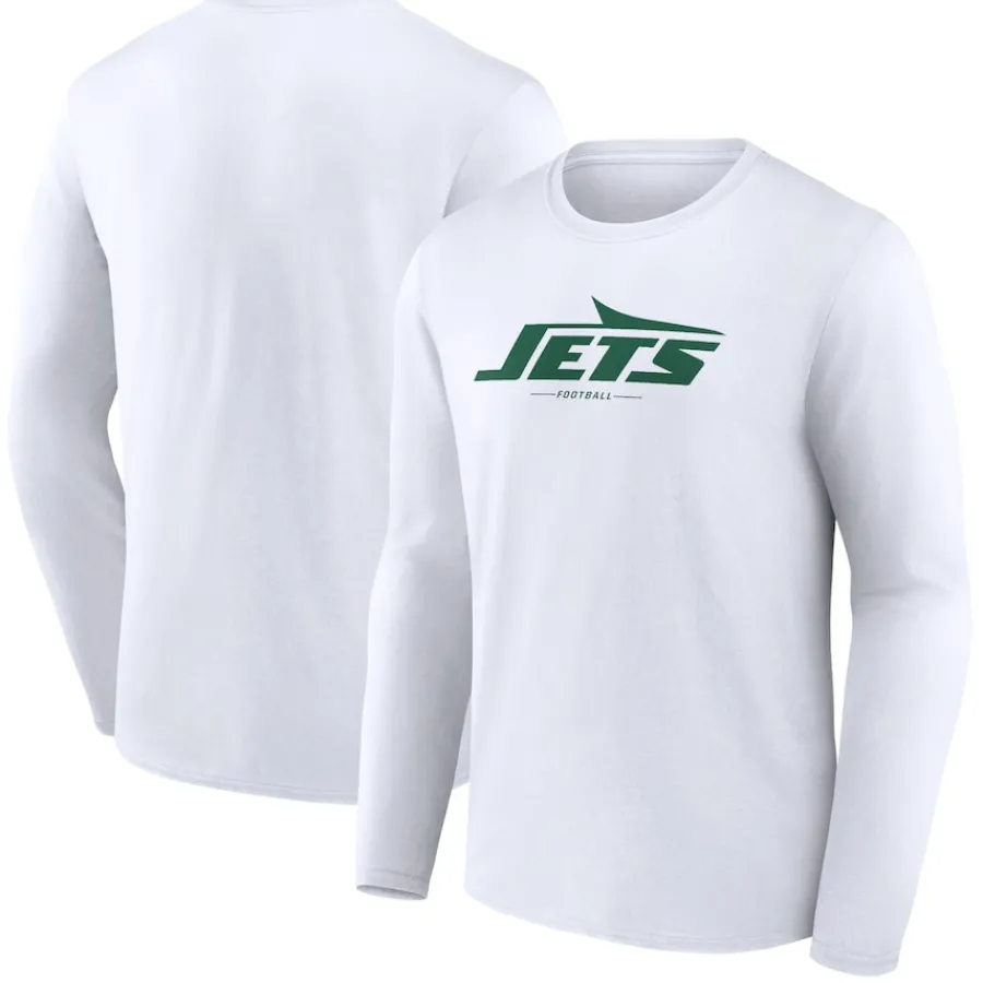 New York Jets Long Sleeved^Men's White Logo Team Lockup Long Sleeve T-Shirt