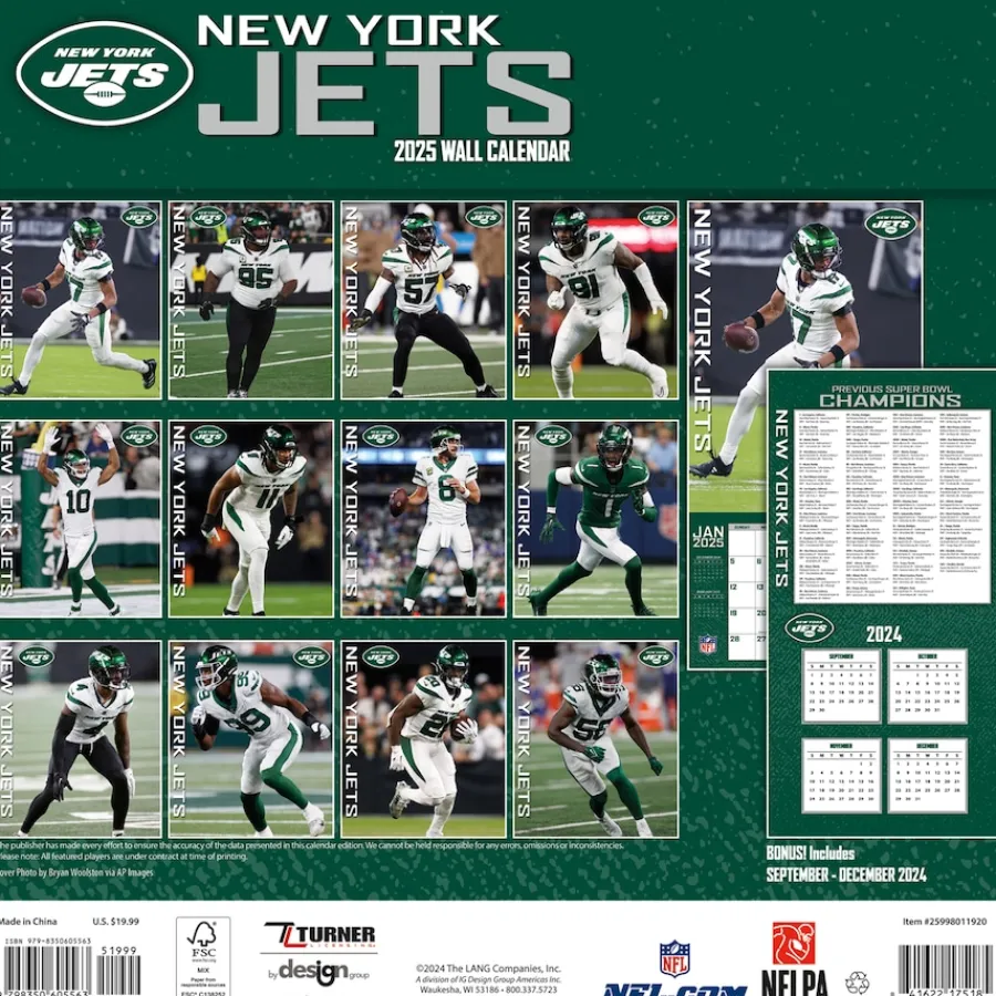New York Jets Office Accessories | Calendars^ 2024-2025 12” X 12” Team Wall Calendar