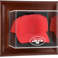New York Jets Display Cases^ Brown Framed Wall-Mountable Baseball Cap Case