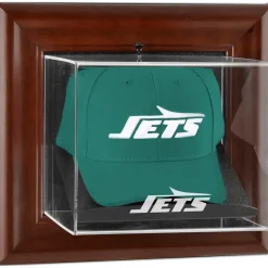 New York Jets Display Cases^ Brown Framed Wall-Mounted Logo Cap Display Case