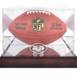 New York Jets Display Cases^ Mahogany Football Logo Display Case With Mirror Back