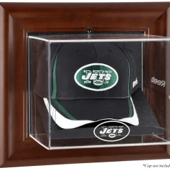 New York Jets Display Cases^ Throwback Logo 1998 - 2018 Brown Framed Wall-Mountable Baseball Cap Case