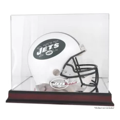 New York Jets Display Cases^ Throwback Logo 1998 - 2018 Mahogany Helmet Logo Display Case With Mirror Back