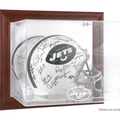 New York Jets Display Cases^ Throwback Logo 1998 - 2018 Brown Framed Wall-Mountable Logo Helmet Case