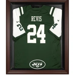 New York Jets Display Cases^ Throwback Logo 1998 - 2018 Brown Framed Logo Jersey Display Case