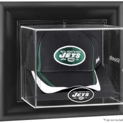 New York Jets Display Cases^ Throwback Logo 1998 - 2018 Black Framed Wall-Mountable Cap Logo Display Case