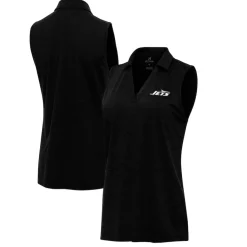 Women New York Jets Polos^Women's Antigua Heather Black Layout Sleeveless V-Neck Polo