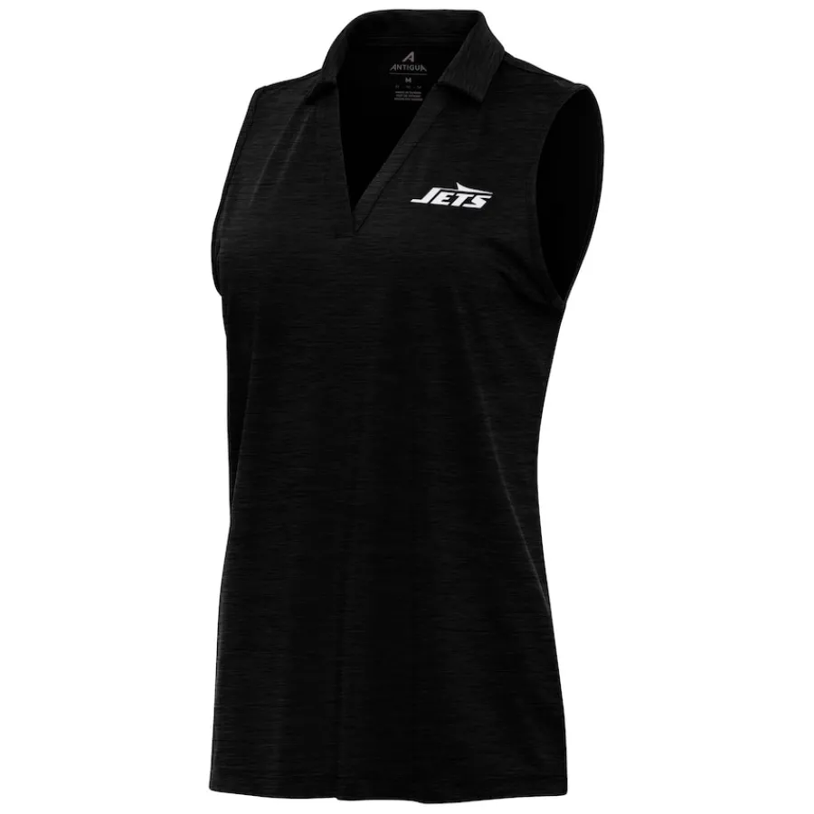 Women New York Jets Polos^Women's Antigua Heather Black Layout Sleeveless V-Neck Polo
